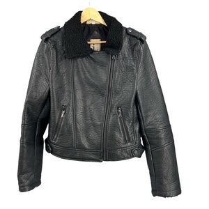 JKT Vegan Black Faux Leather Moto Biker‎ Jacket Shearling Collar Women’s M